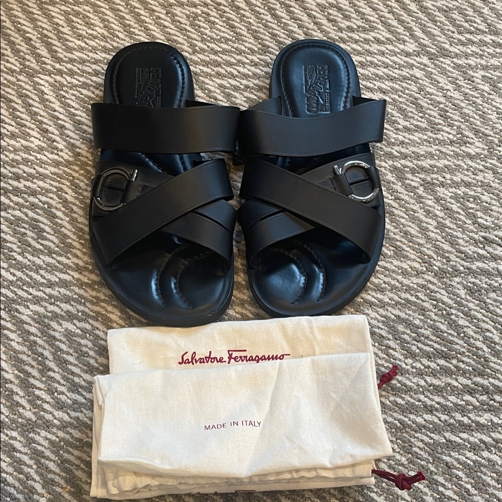 Salvatore Ferragamo Black Leather Slide Sandals